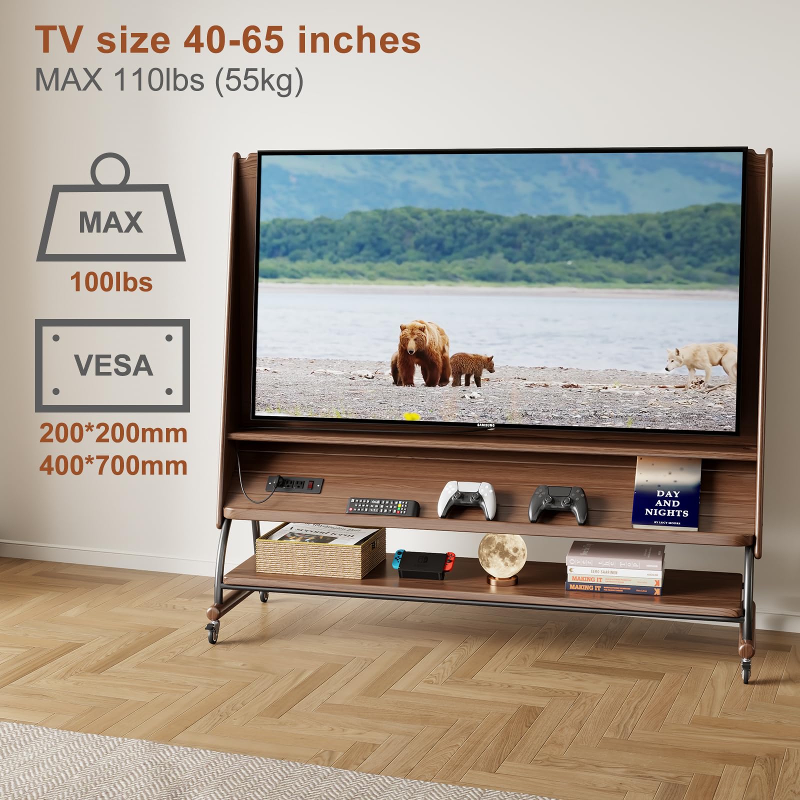 Rolling TV Stand with Wheels 40-60 Inch Height Adjustable