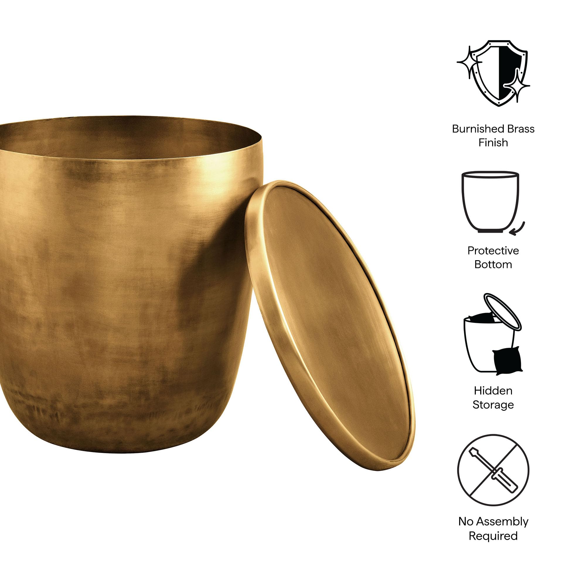 Metal Storage Side End Table - Burnished Brass Finish with Removable Lid