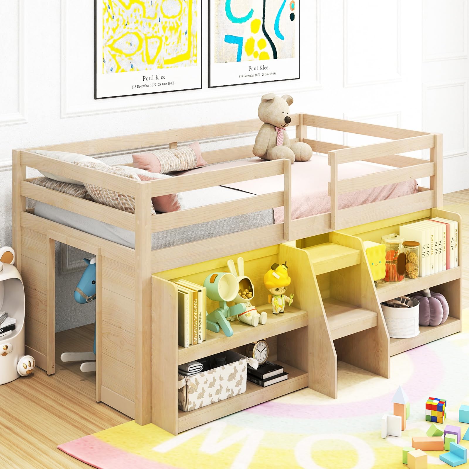 Low Loft Bed with LED Light and Bookcases