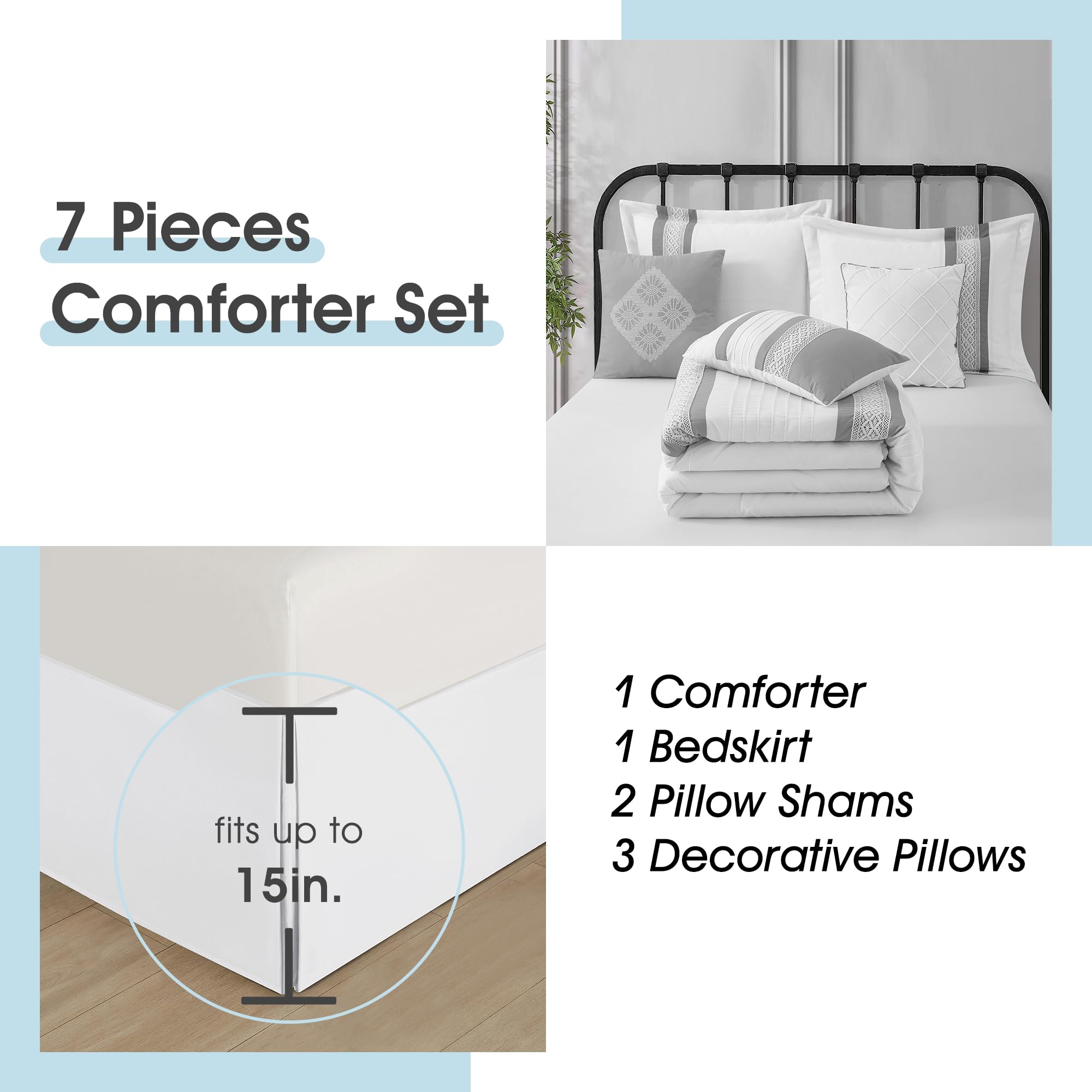 7 Piece Boho Comforter Set Queen Grey White Geometric Embroidery