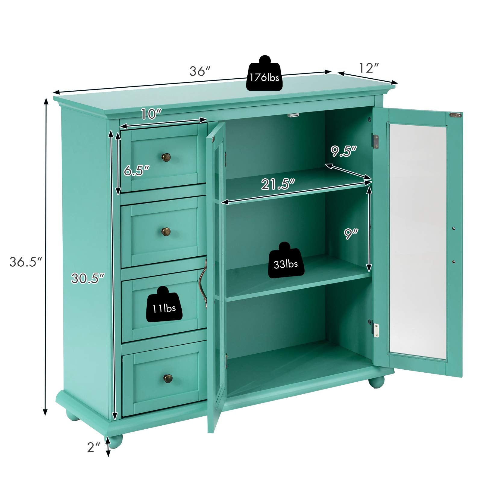 Buffet Sideboard with 4 Drawers and Glass Doors