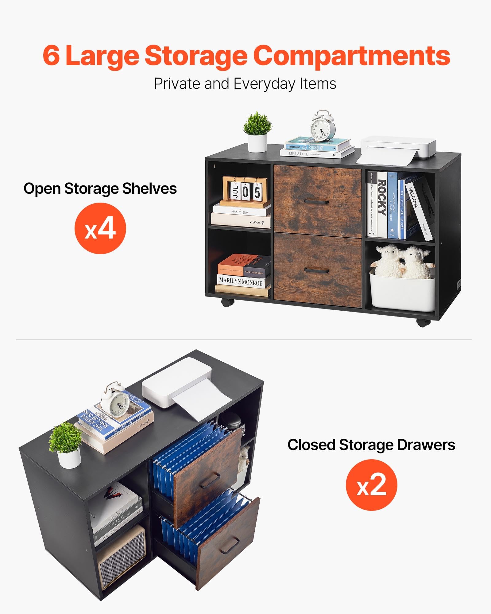 2 Drawer Mobile File Cabinet with Open Shelves