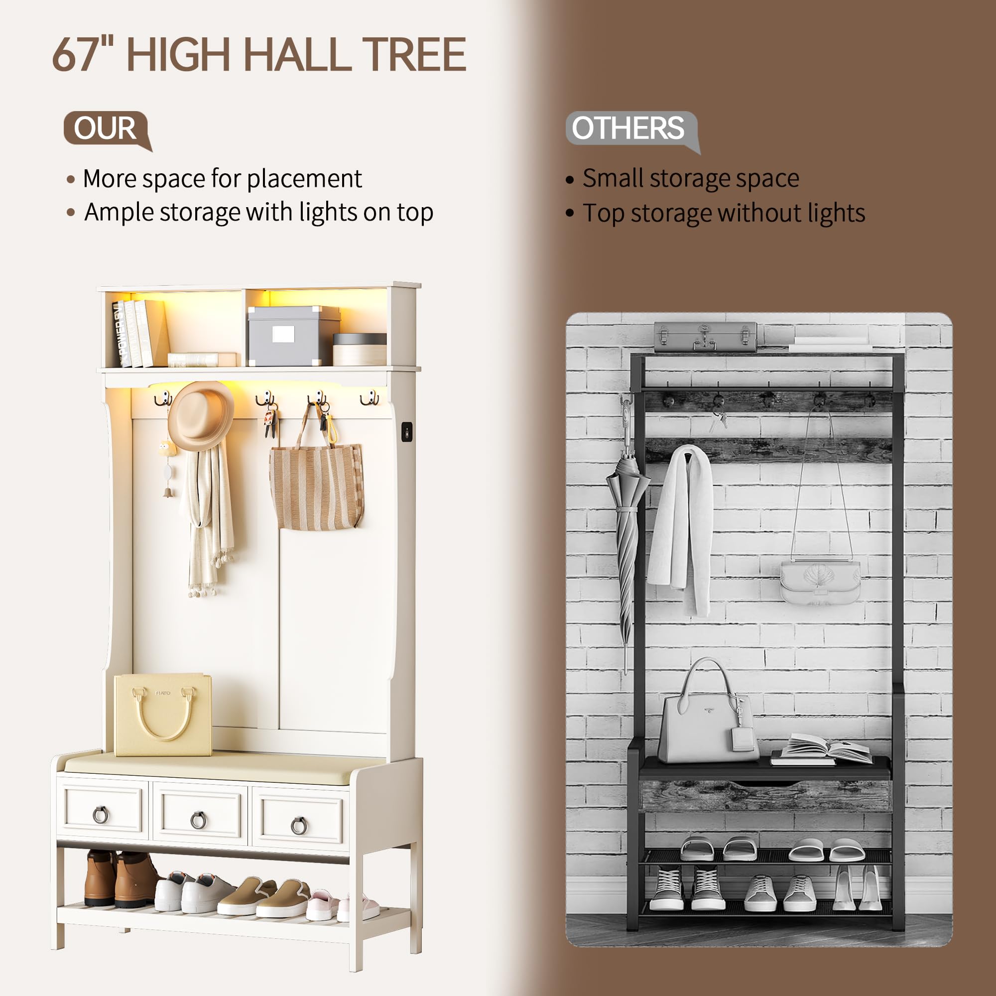 67" Farmhouse Hall Tree with LED Lighting and Shoe Storage