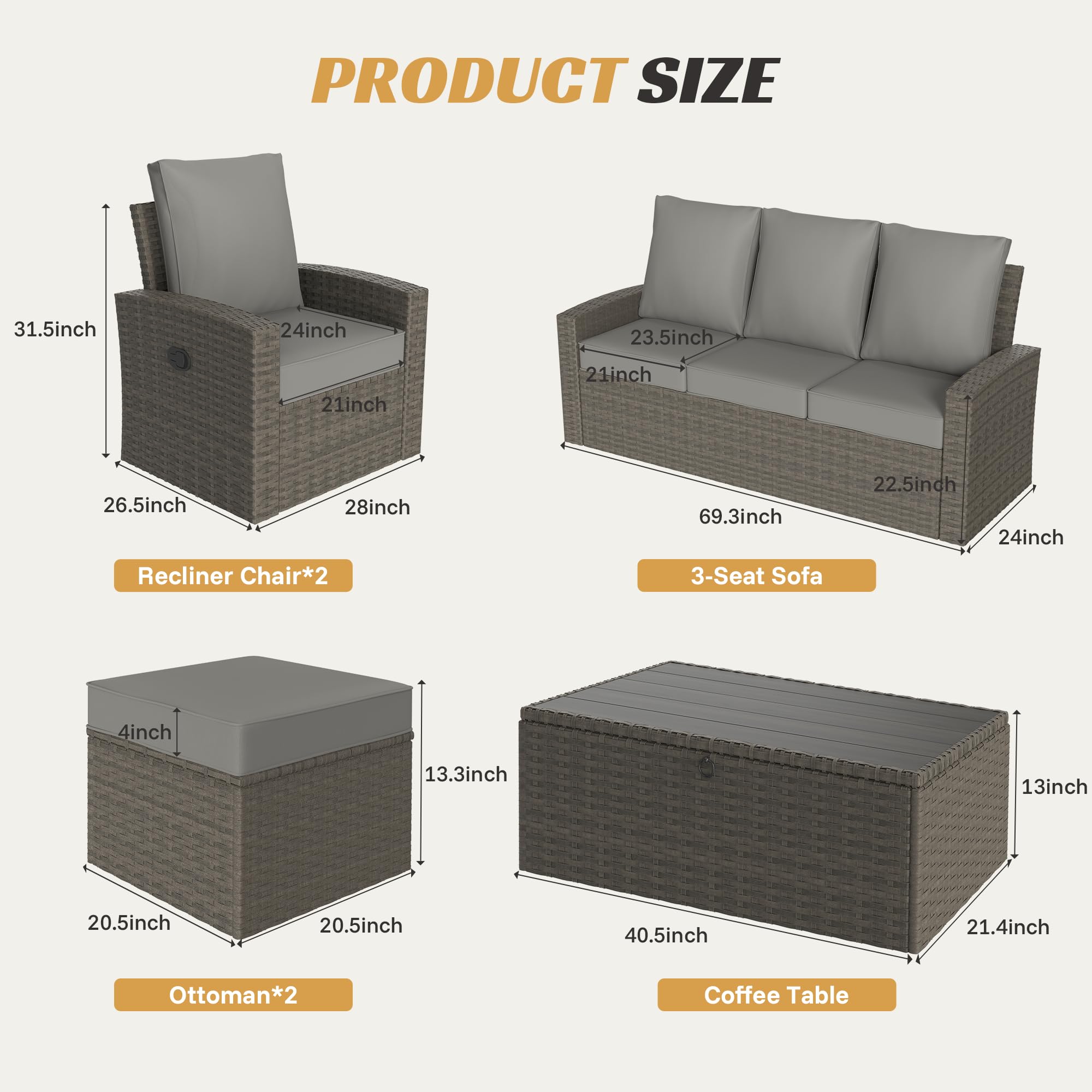 6-Piece Outdoor Patio Furniture Set with Reclining Chairs