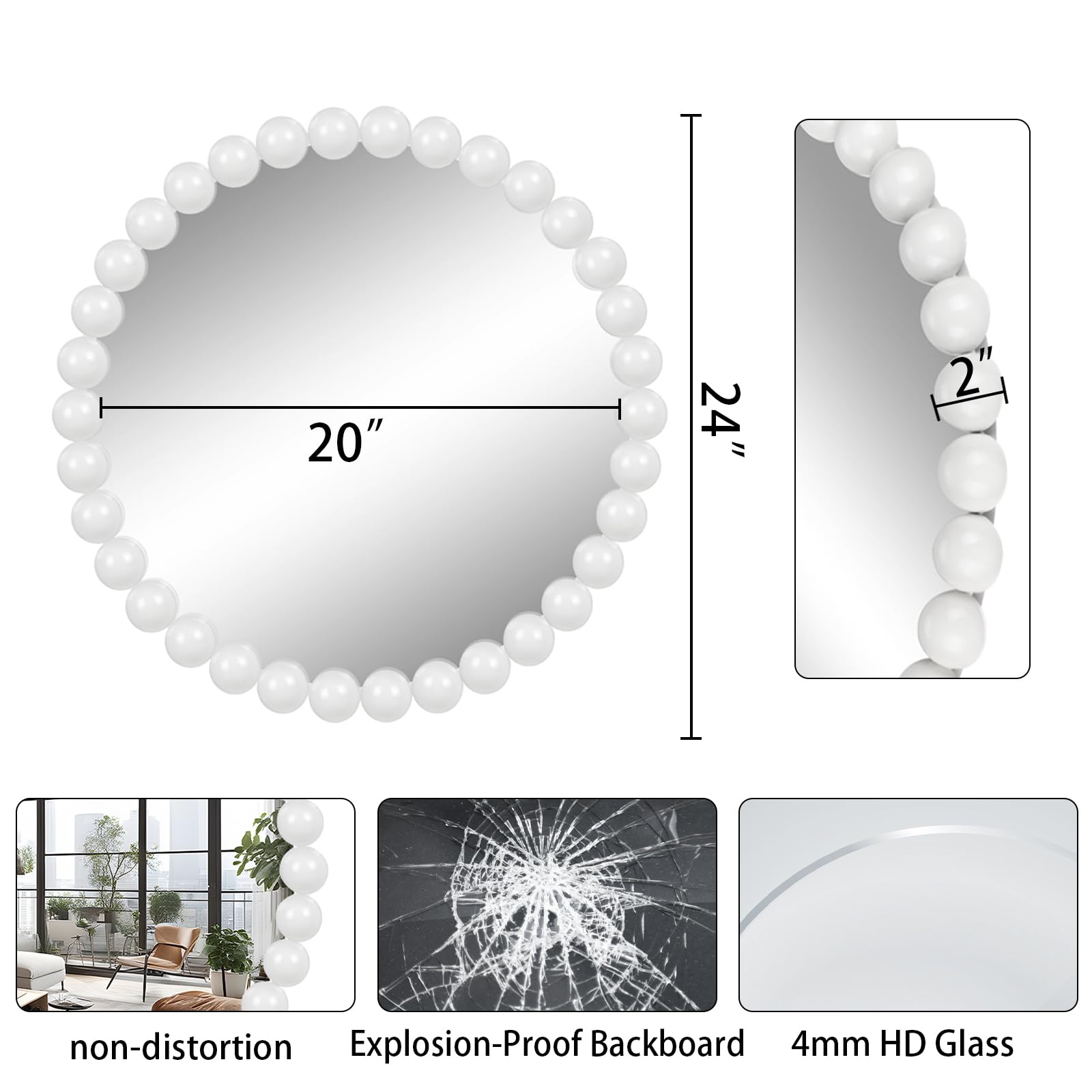 24" White Beaded Round Wall Mirror