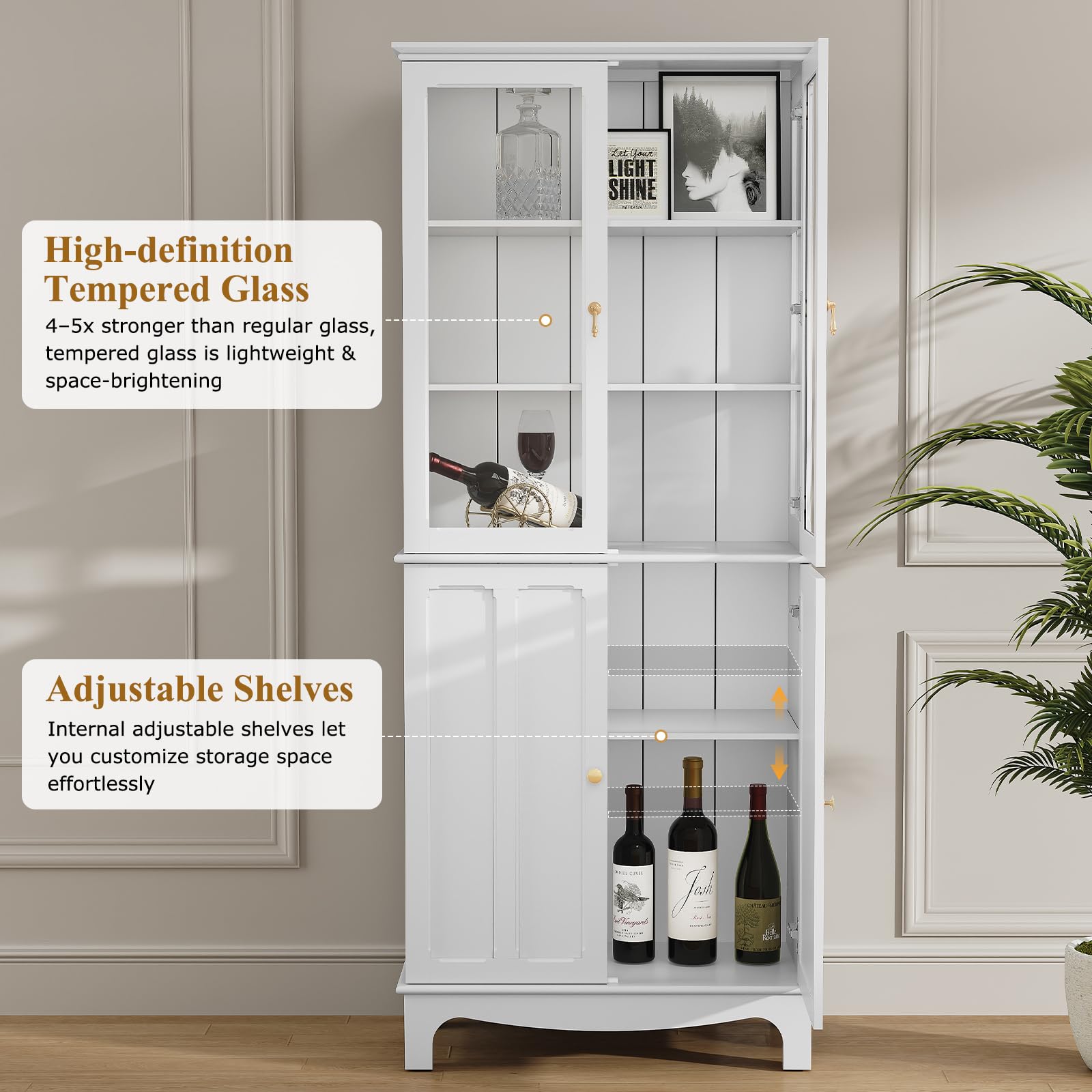 Glass Door Storage Cabinet with Adjustable Shelves