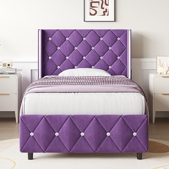 Full Size Diamond Tufted Bed Frame Purple
