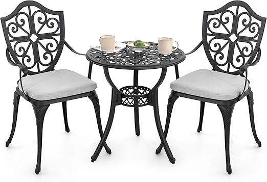 3-Piece Cast Aluminum Bistro Set with Cushions