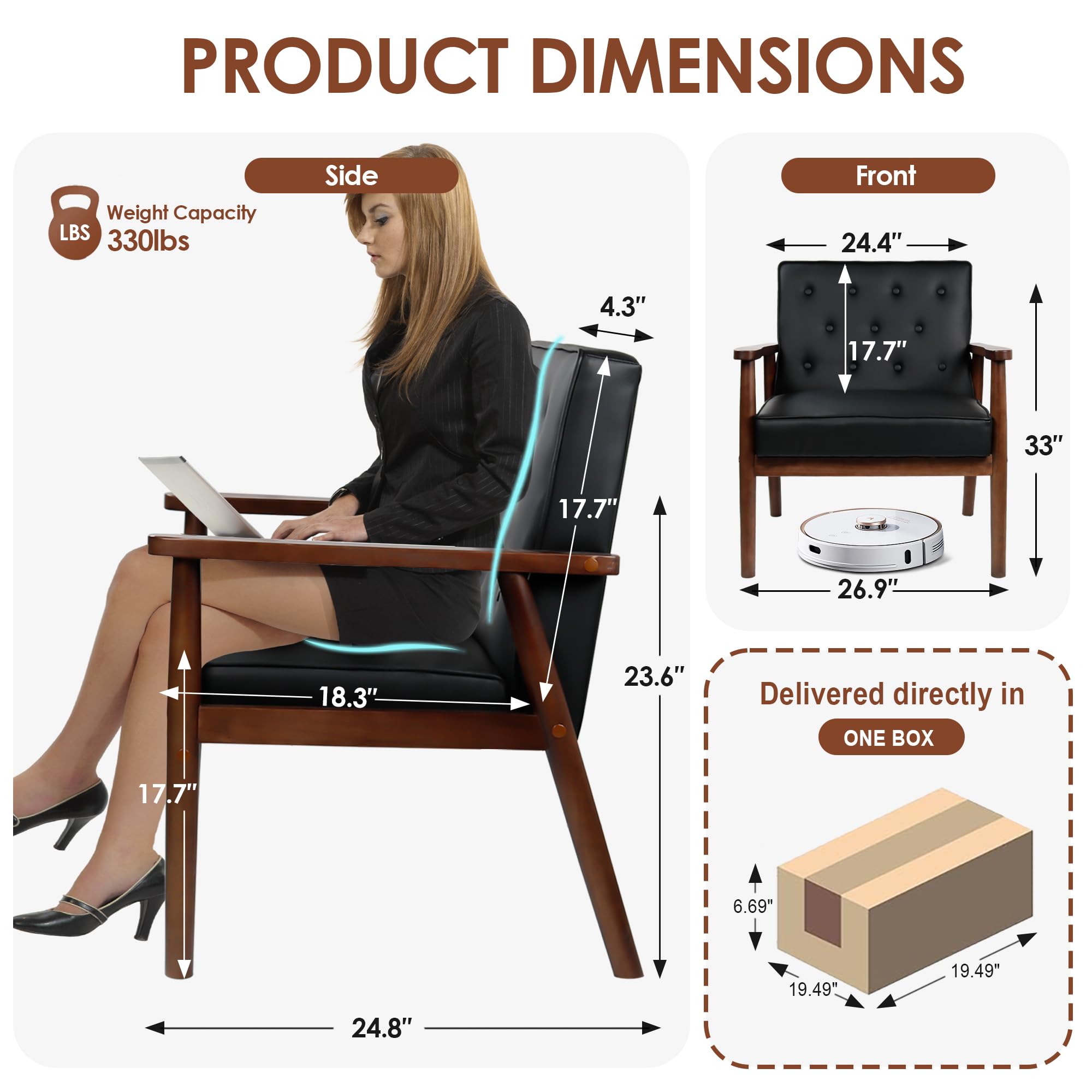 JIASTING Mid-Century Retro Modern Solid Wood Armrest Accent Chair, Faux Leather Tufted Back Upholstered Lounge Chairs, Living Room Furniture (Black 8325)