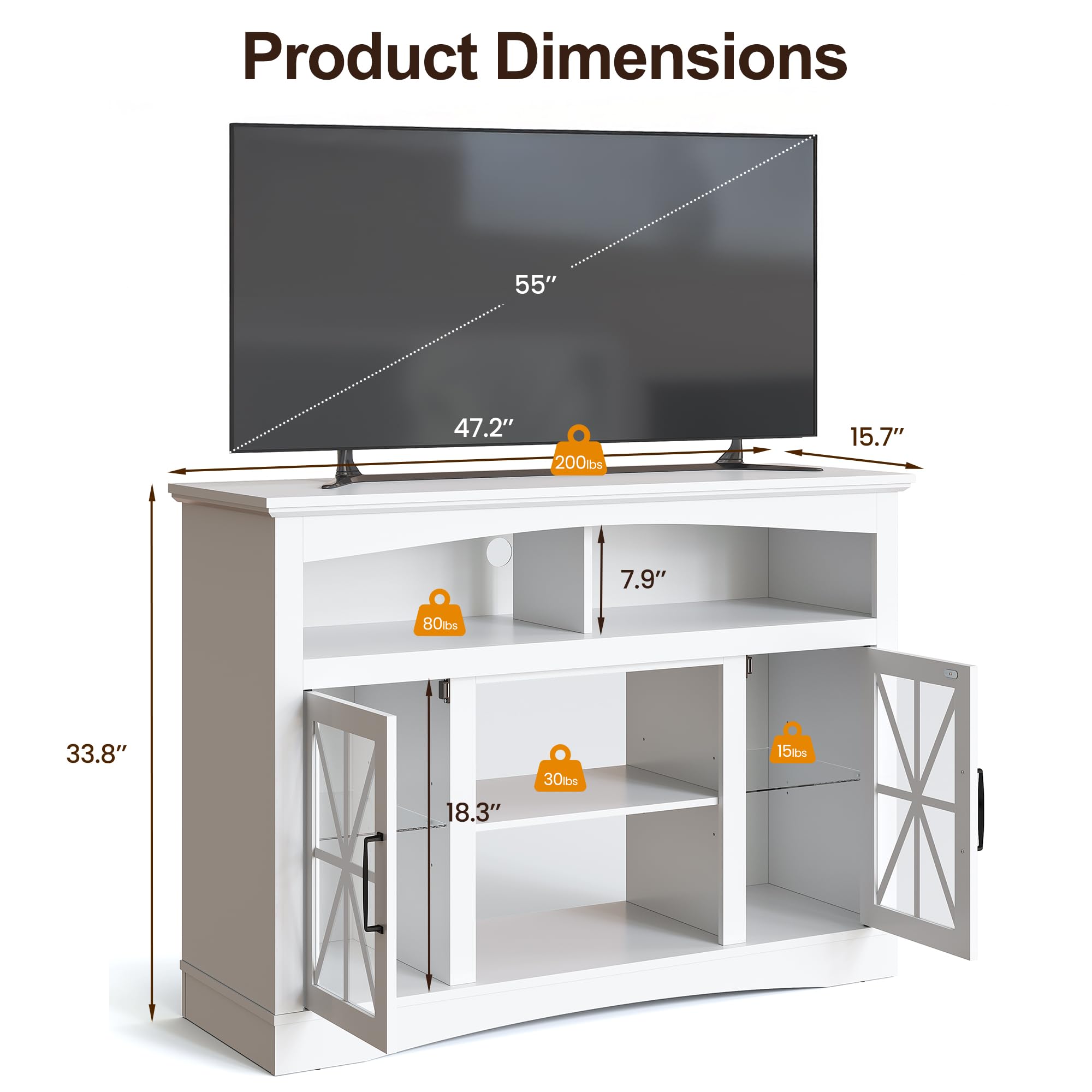 47" Farmhouse TV Stand with LED Lights and Glass Doors