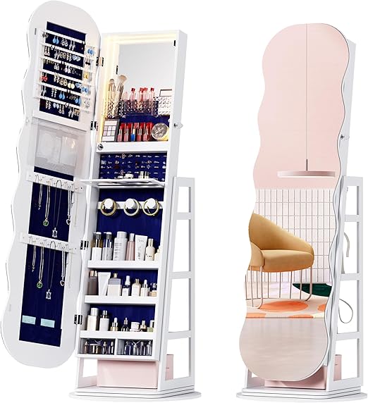 360° Swivel Jewelry Cabinet with LED Lights and Full Length Mirror