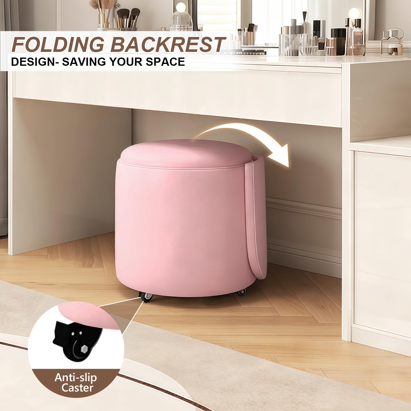 Rolling Round Vanity Chair with Storage