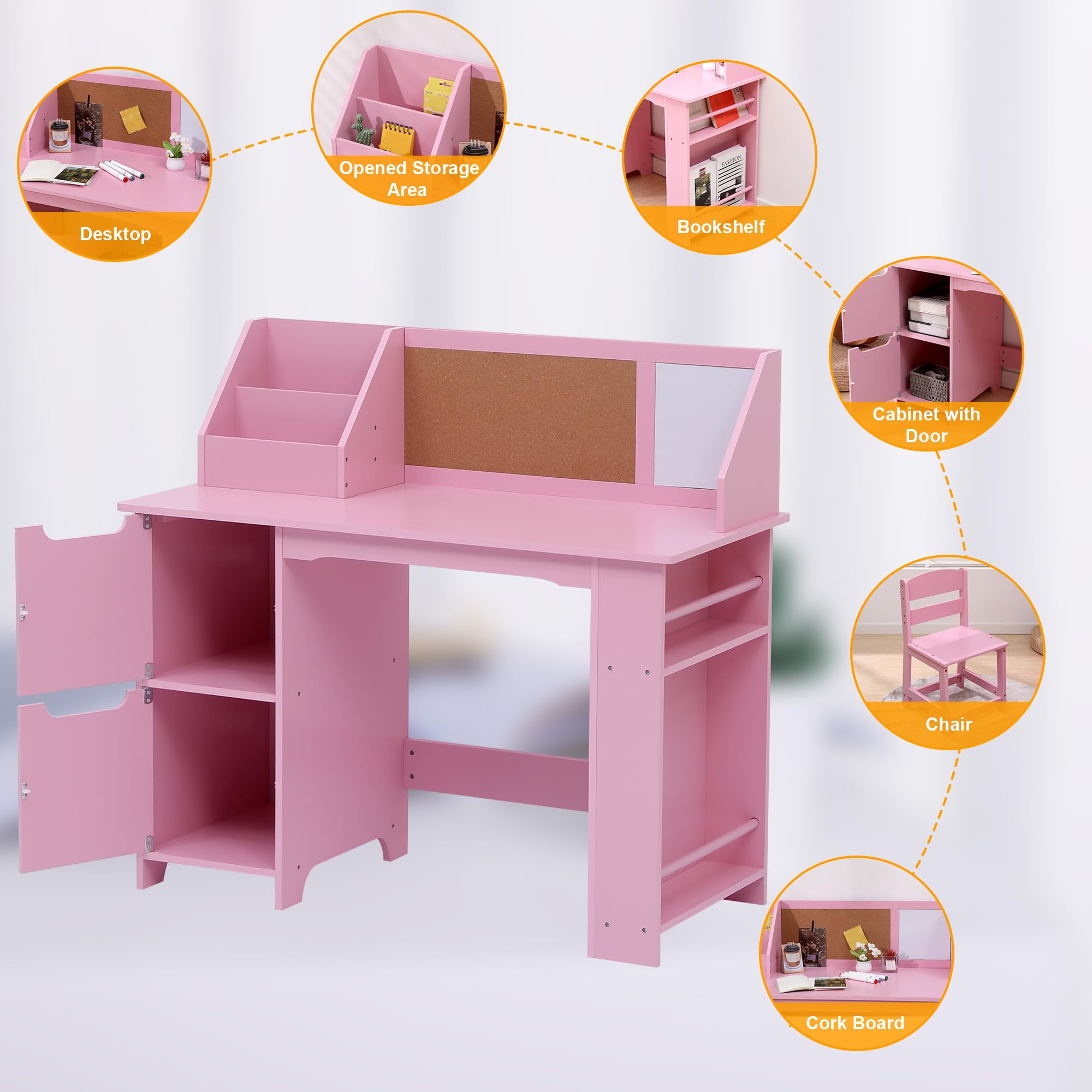 Kids Study Desk and Chair Set with Storage Hutch