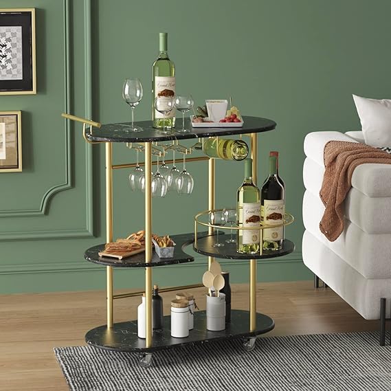 Gold Bar Cart with 4-Tier Storage Shelves and Wine Rack