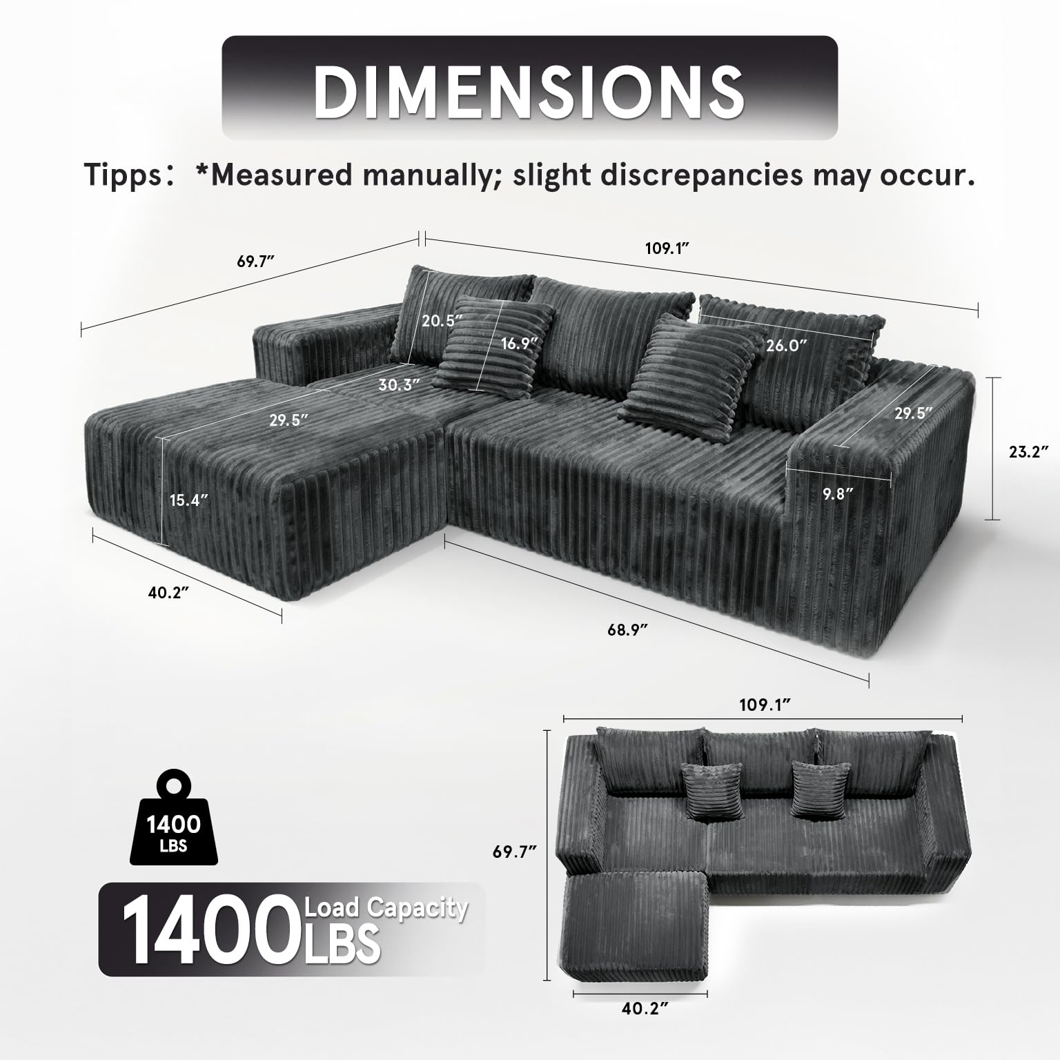 L-Shaped Cloud Couch Sectional Sofa with Deep Seat