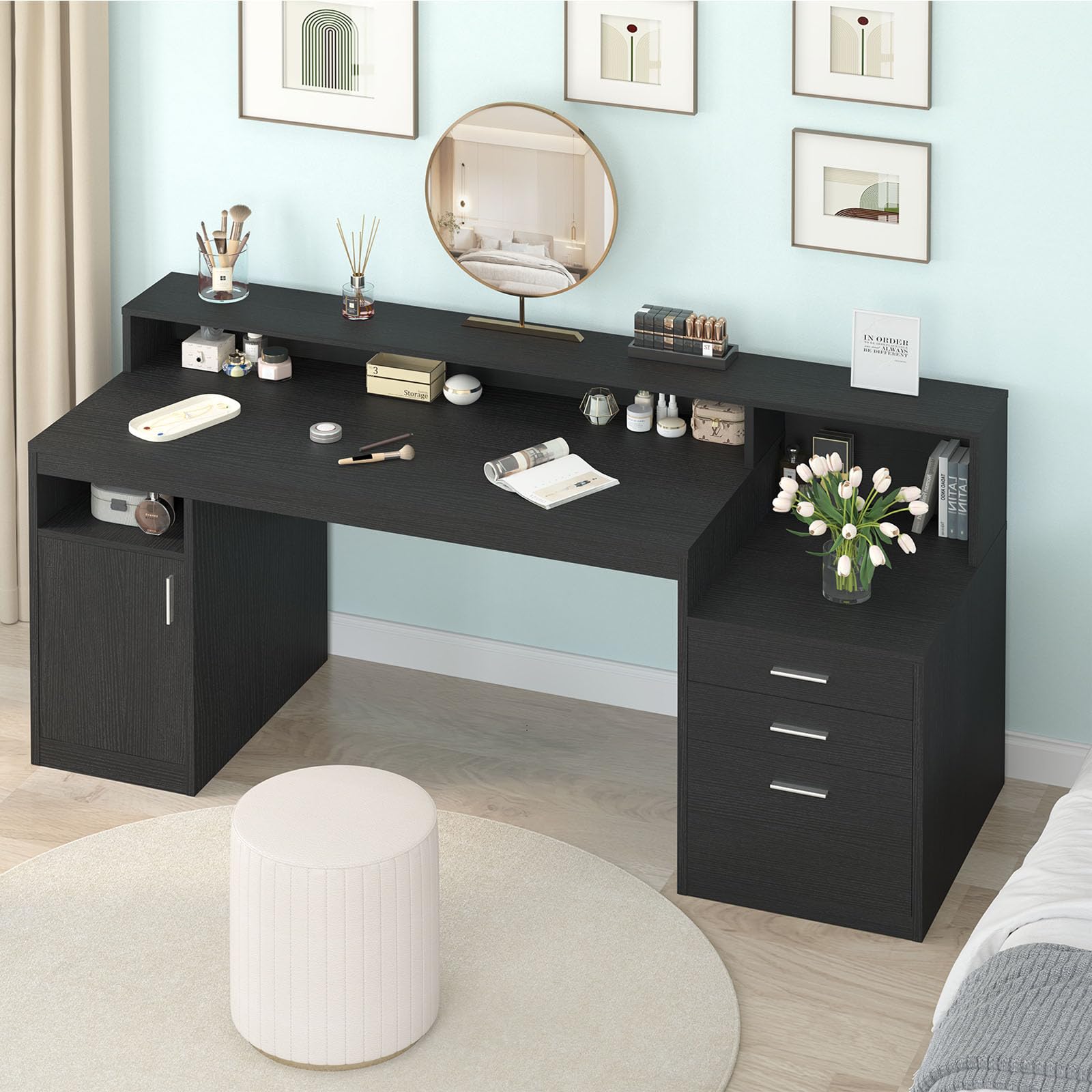 Computer Desk with 3 Drawer Storage Shelves and File Cabinet