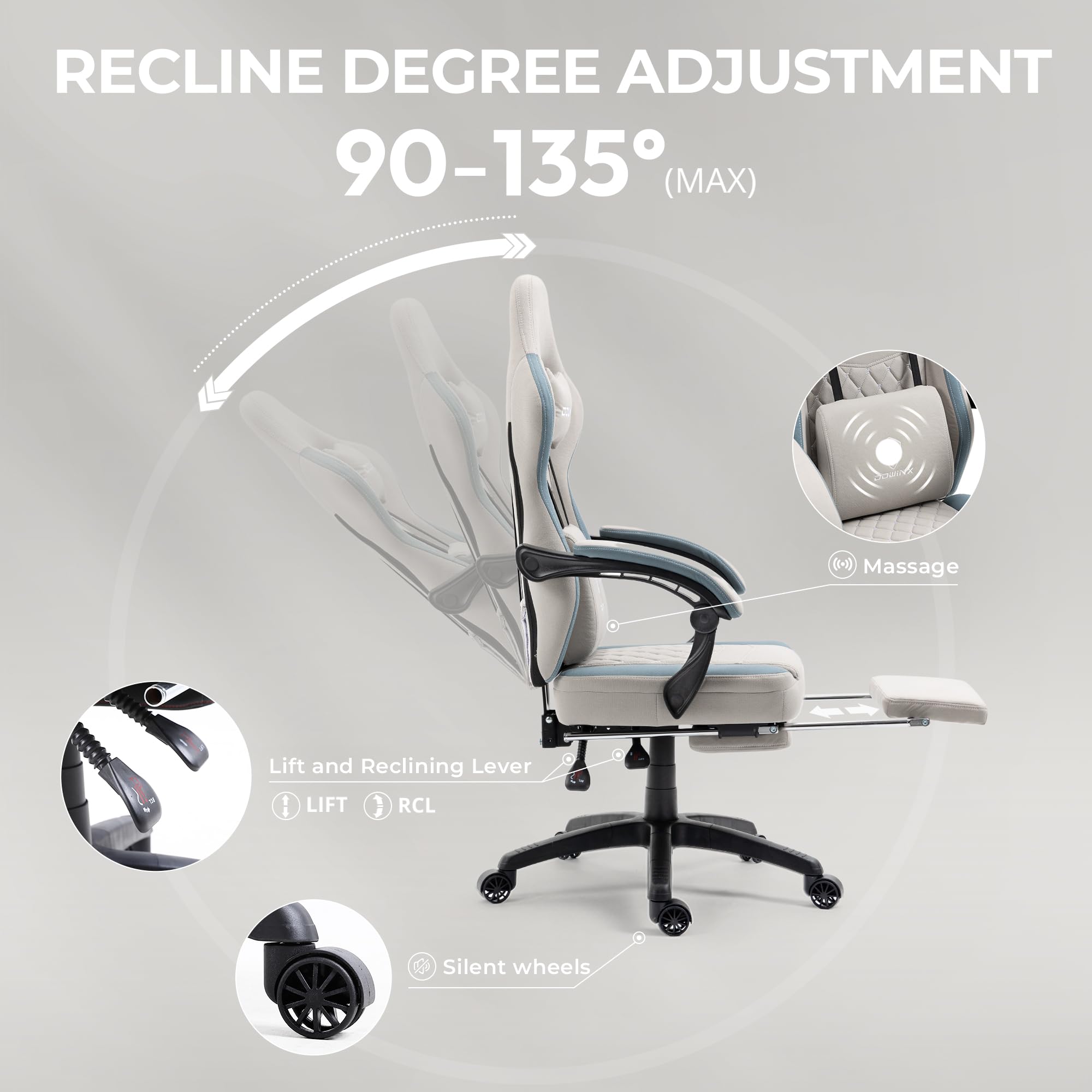 Breathable Fabric Gaming Chair with Gel Pad and Footrest
