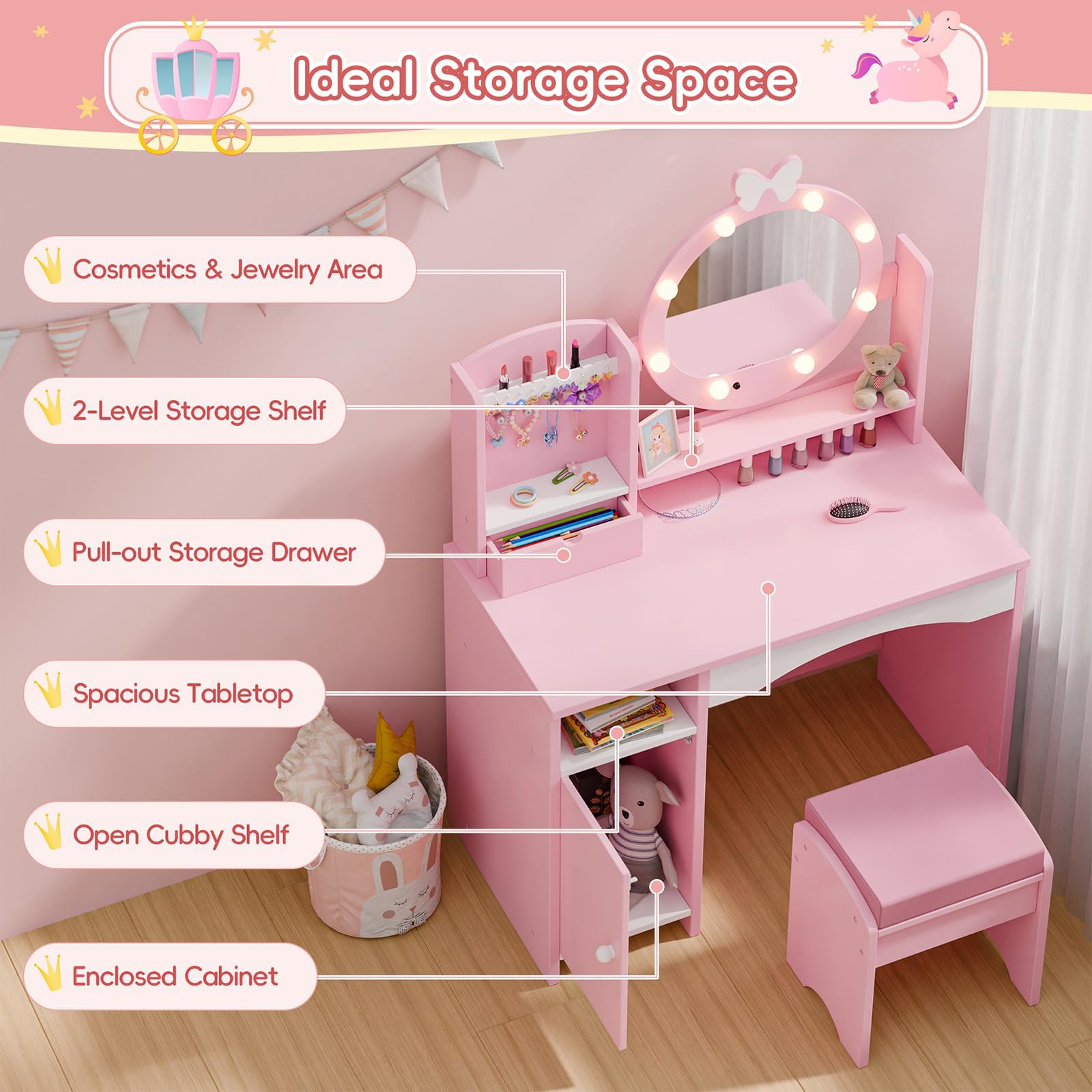 Kids Vanity Table with Mirror and Lights