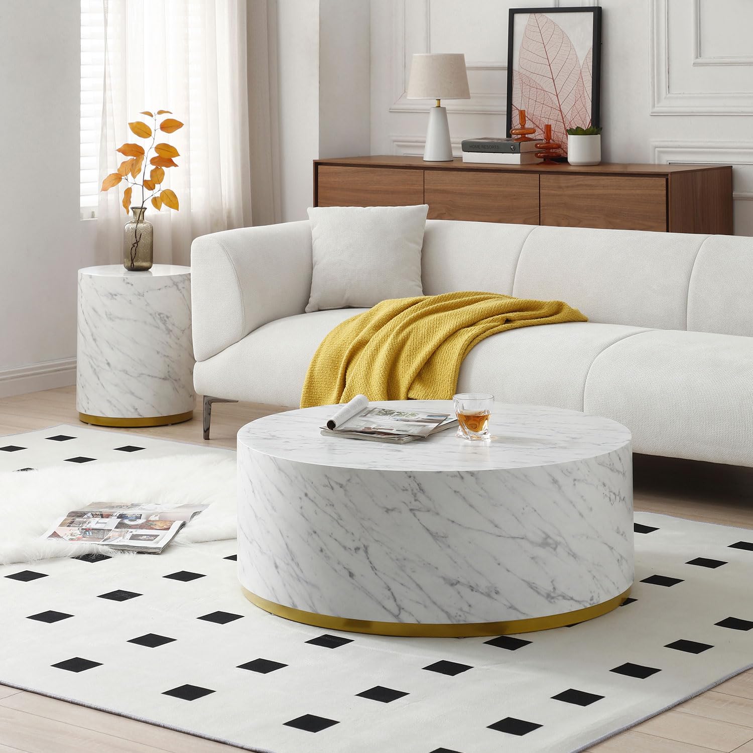 Round Marble End Table with Gold Edge