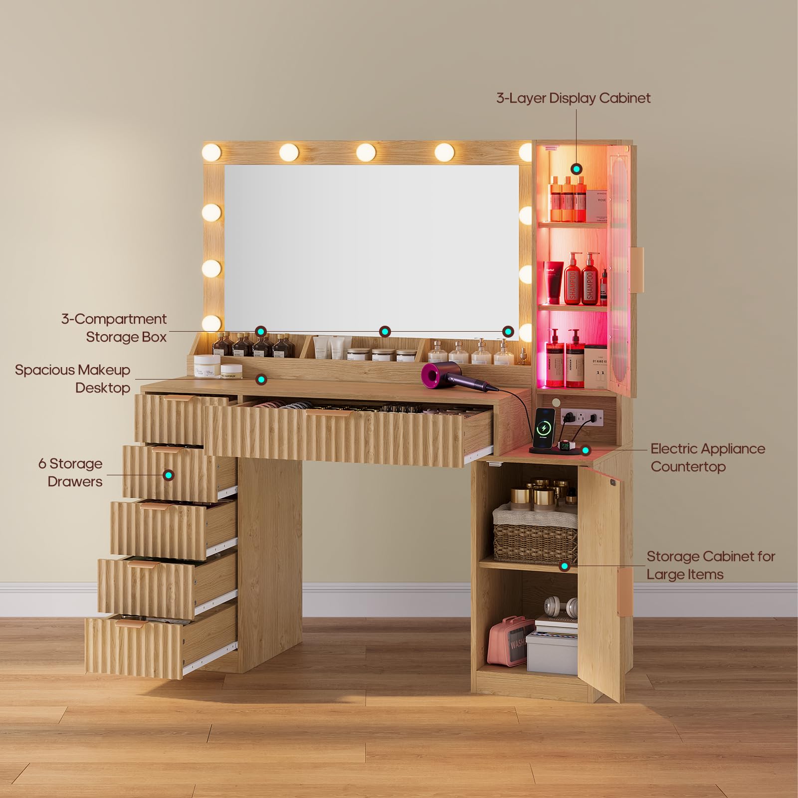 Fluted Makeup Vanity Desk with Large Mirror and Lights