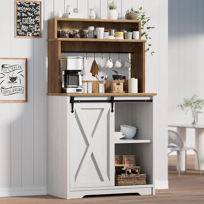 Farmhouse Coffee Bar Cabinet with 3-Tier Storage Hutch