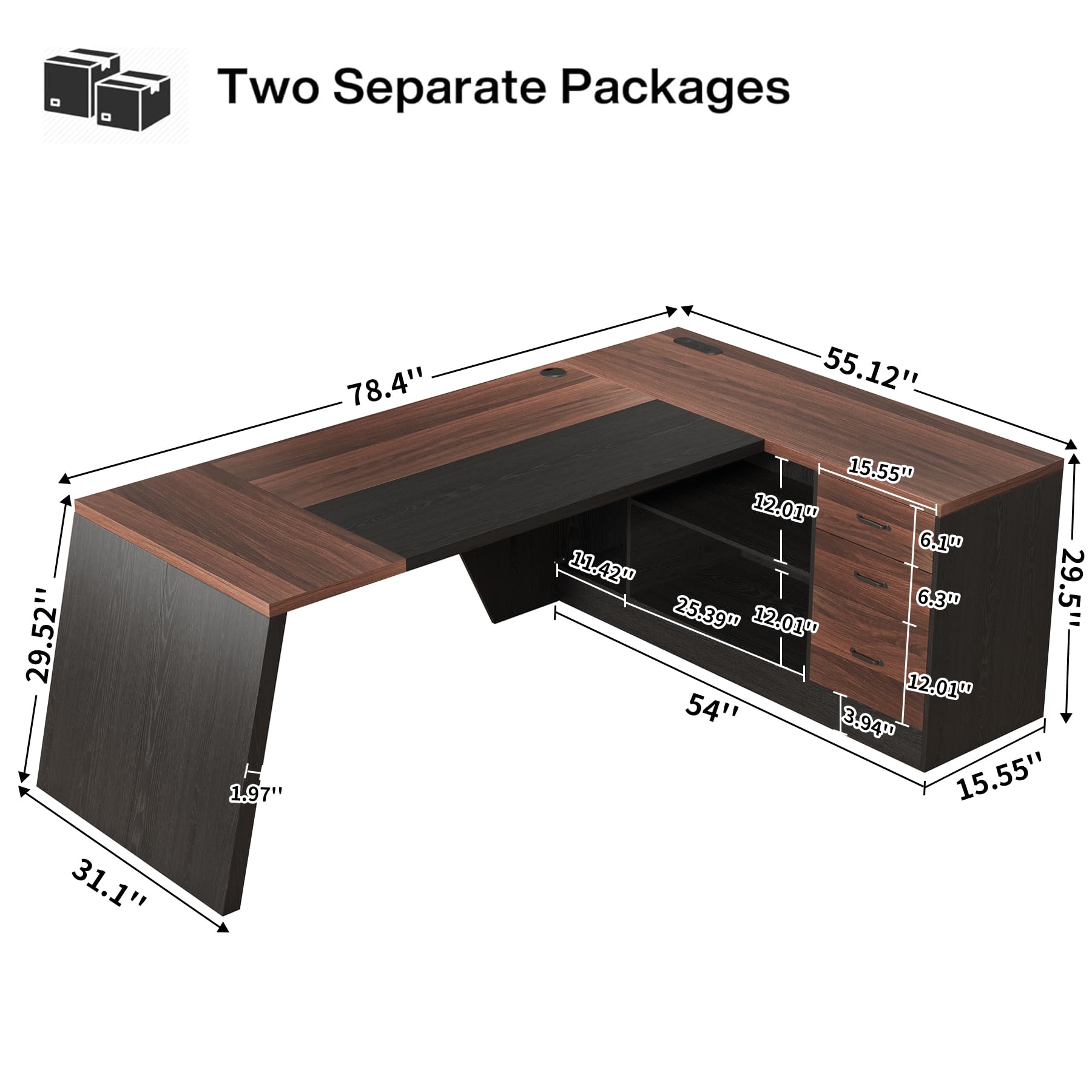 78-Inch L-Shaped Executive Desk with Power Outlet