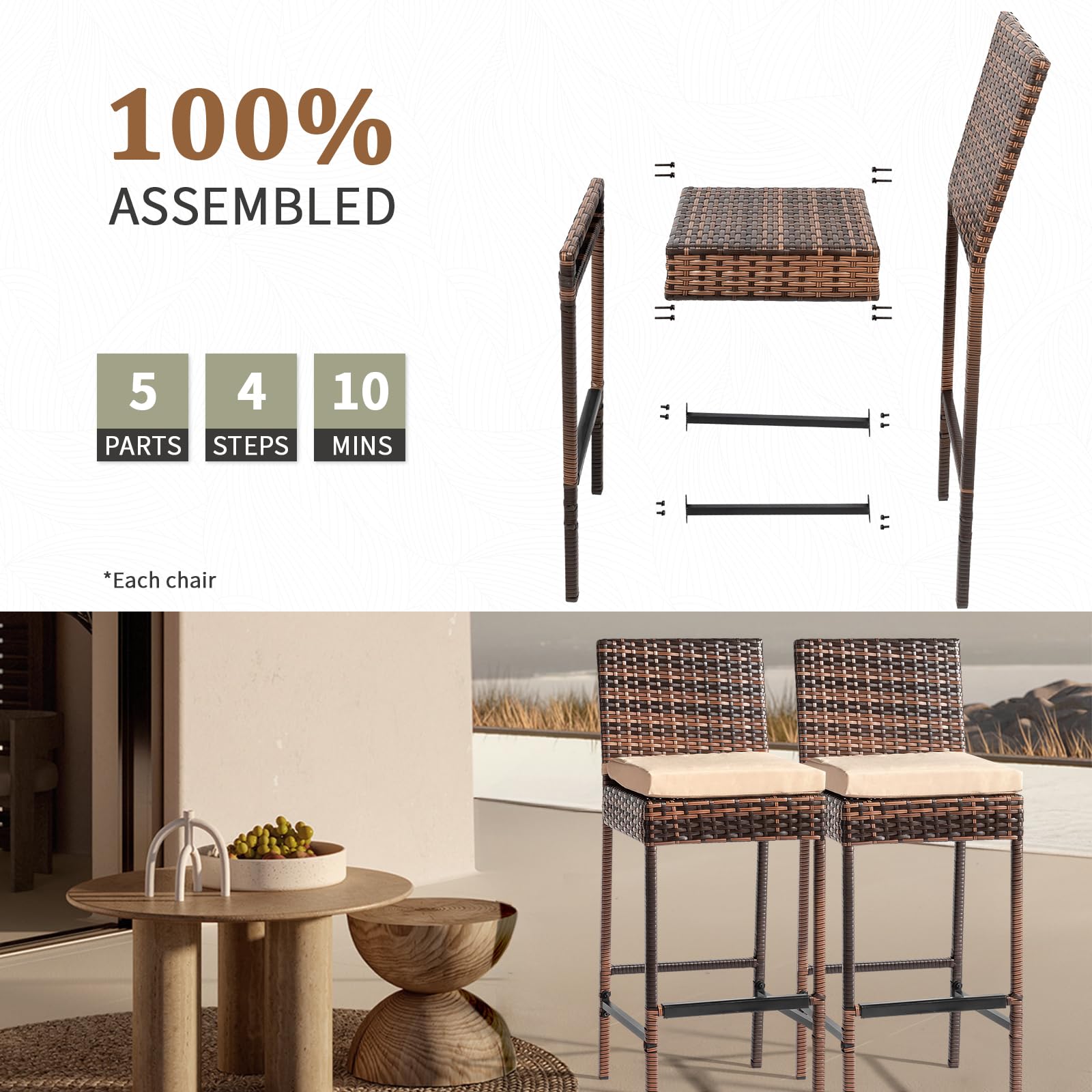 Outdoor Wicker Bar Stool Set of 2 with Cushions