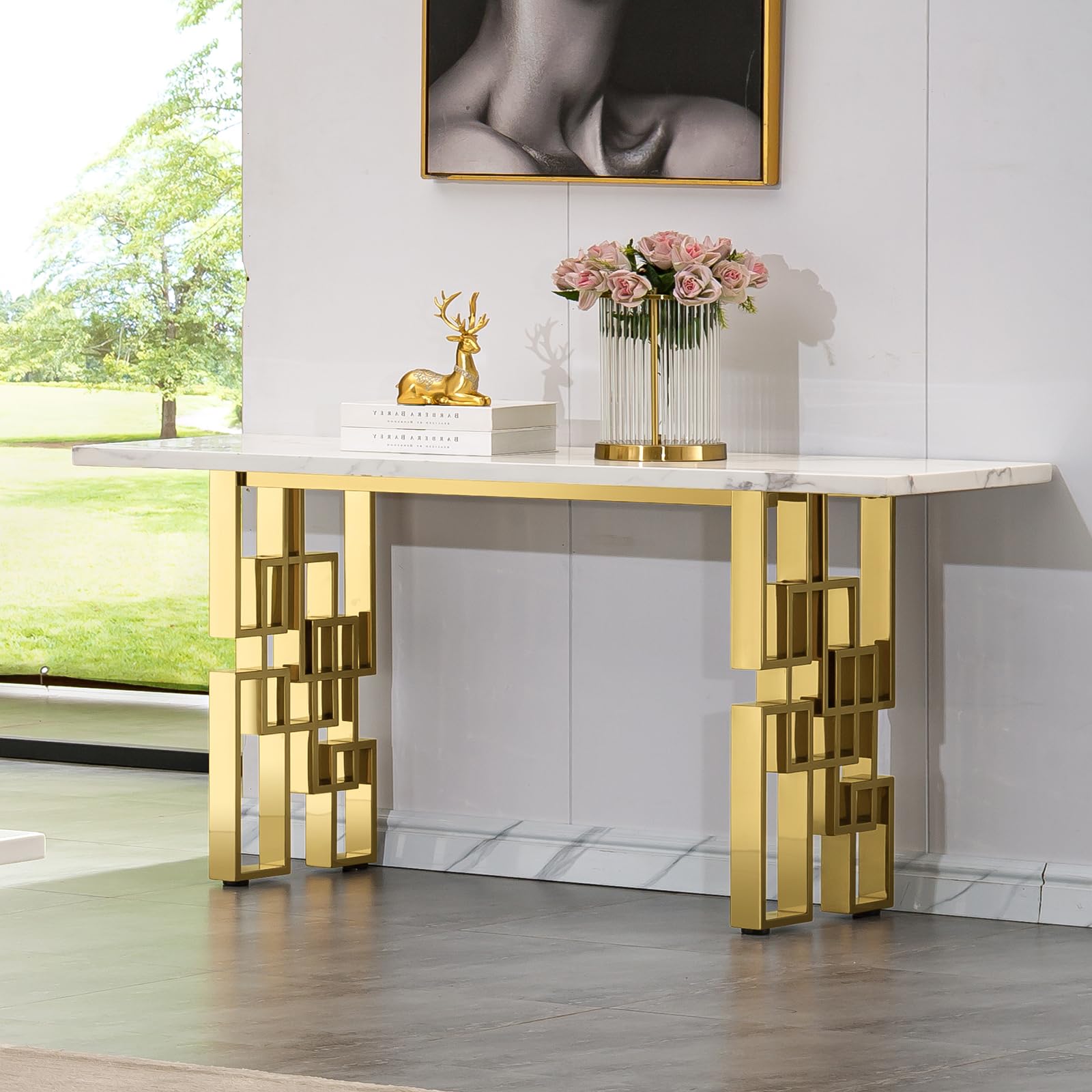 55" White Gold Console Table - Modern Rectangle Entryway Sofa Table