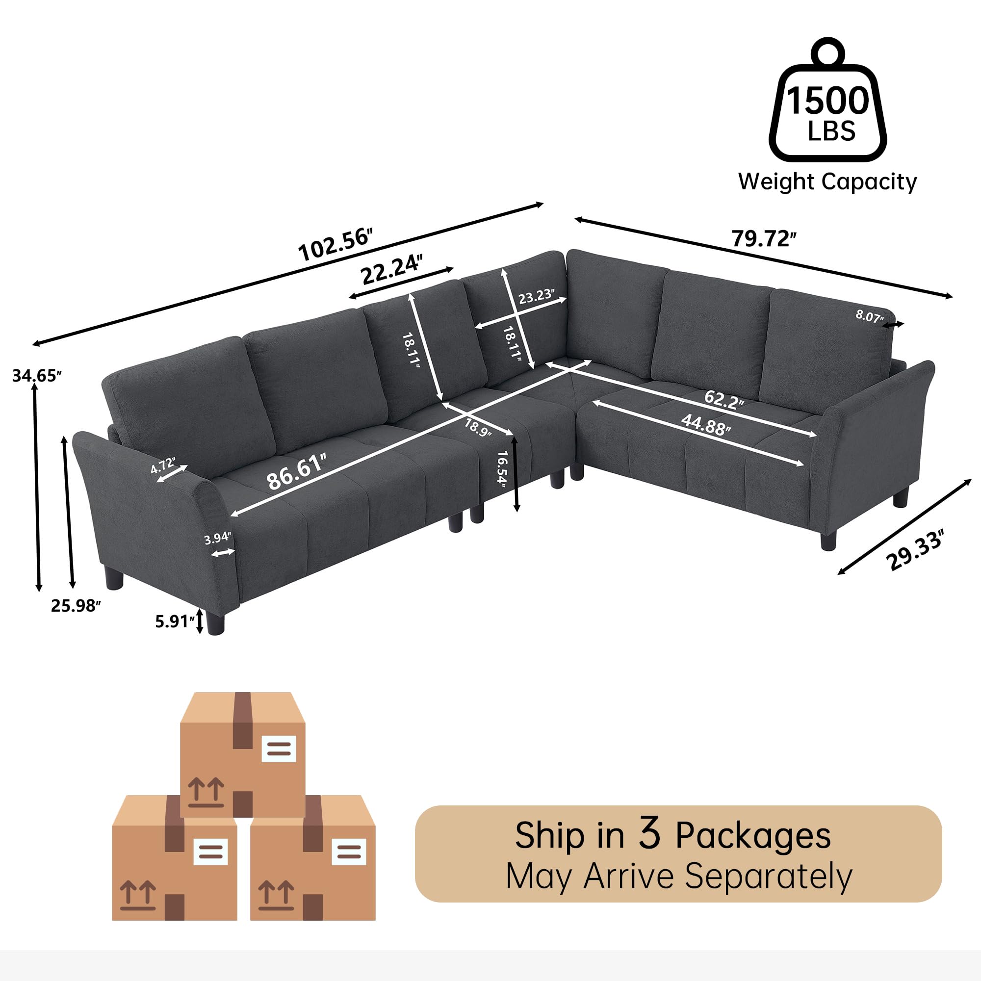 102" L-Shaped Convertible Sectional Sofa with Back Cushions