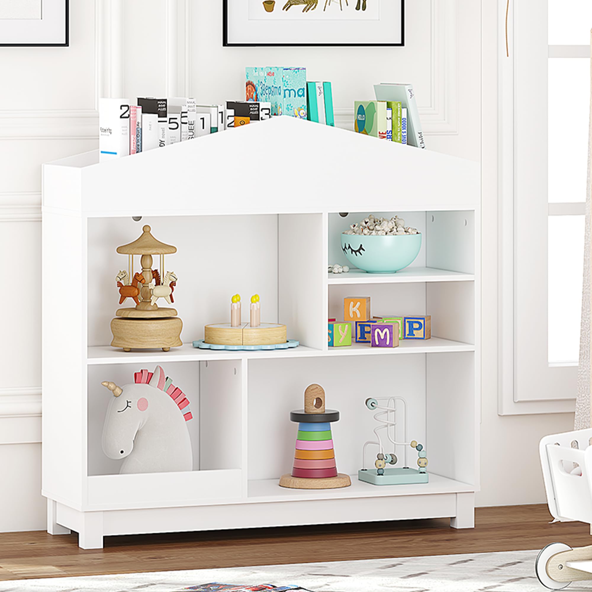 UTEX Kids Bookshelf, Wooden Childrens Bookcases and Toy Storage, Doll House Book Shelves Nursery Book Rack for Classroom Bedroom, White