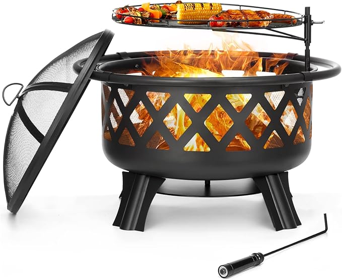 36 Inch Outdoor Wood Burning Fire Pit with BBQ Grate