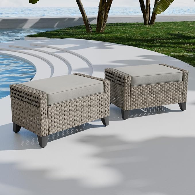 2 Piece Wicker Outdoor Ottomans with Removable Cushions