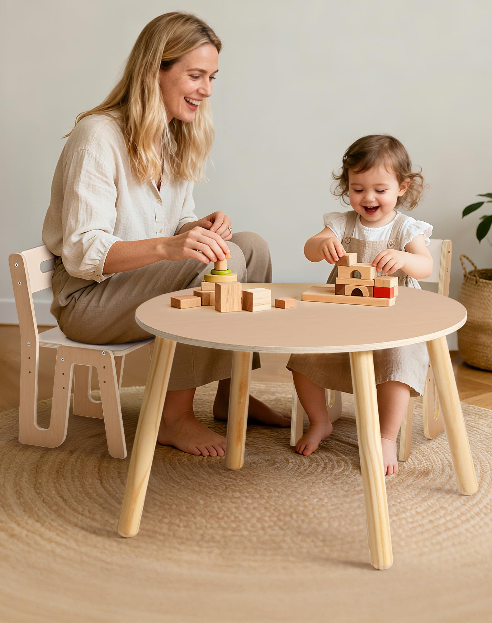 Wooden Toddler Table and Chair Set with Height Adjustable Chairs