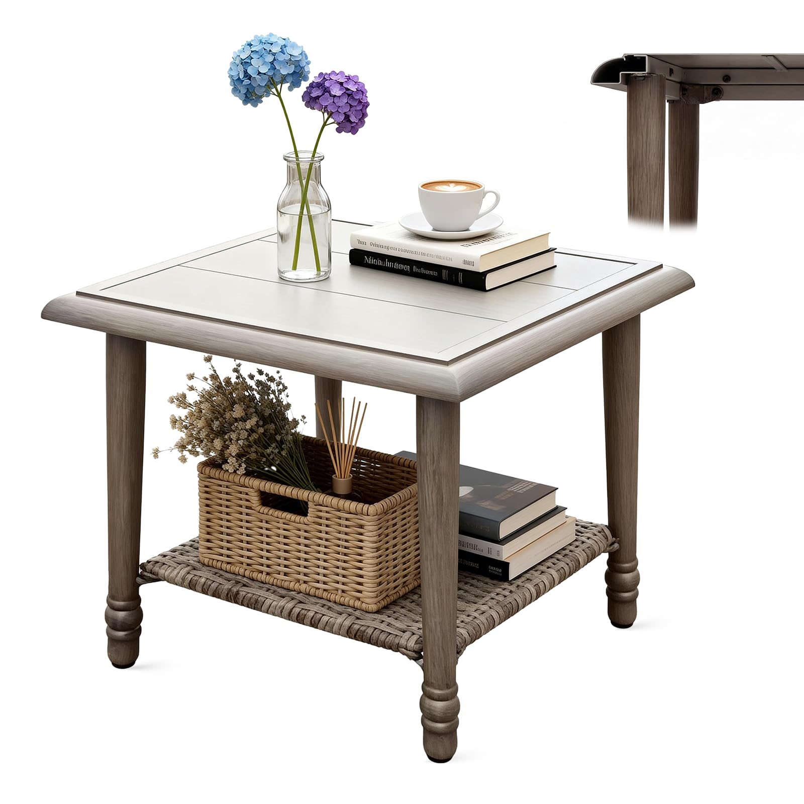 2-Tier Outdoor Side Table with Rattan Shelf