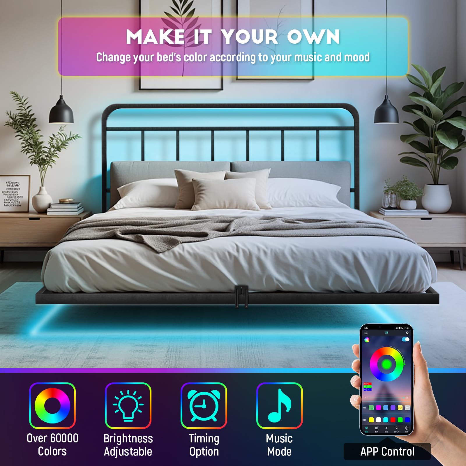 Floating Full Size Platform Bed Frame with LED Lights & Charging Station