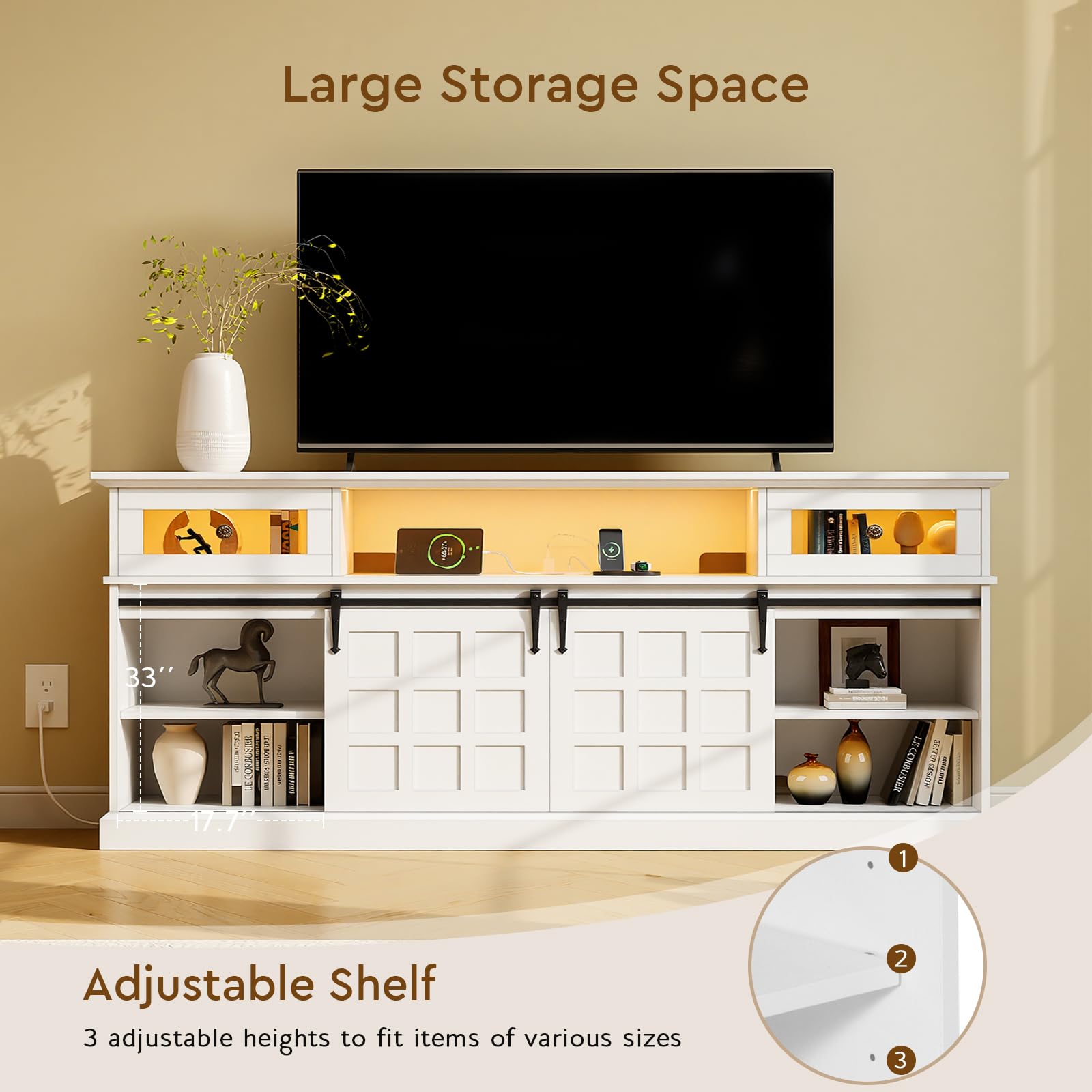 70" LED TV Stand with Outlets and Storage