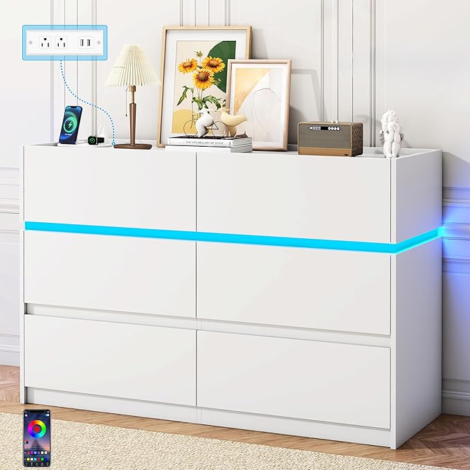 6 Drawer Dresser with Charging Station and LED Lights