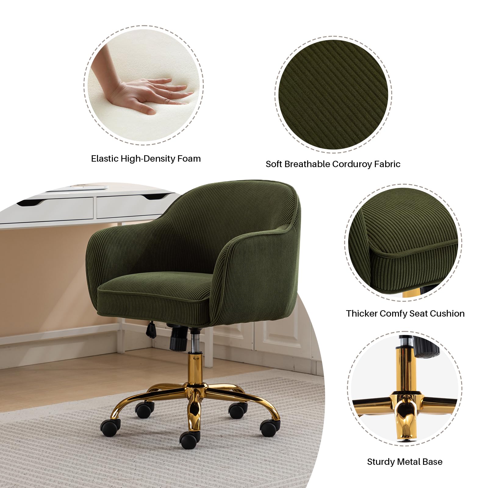 Velvet Upholstered Office Chair with Gold Wheels - Ergonomic Swivel Desk Chair