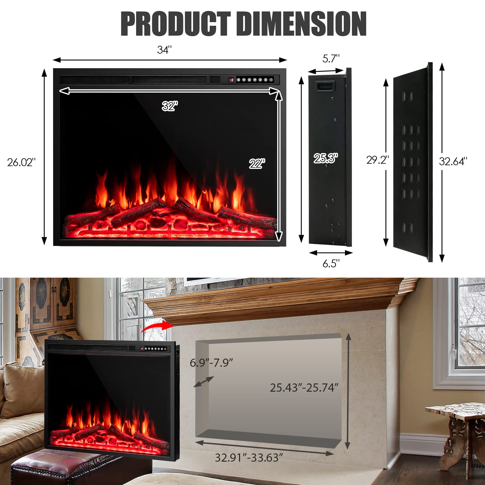 34-Inch Electric Fireplace with Remote Control