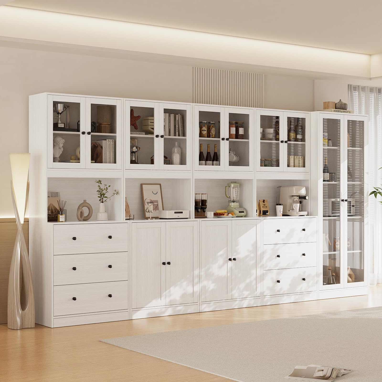 5-Tier Modular Storage Cabinet with Glass Doors and Drawers