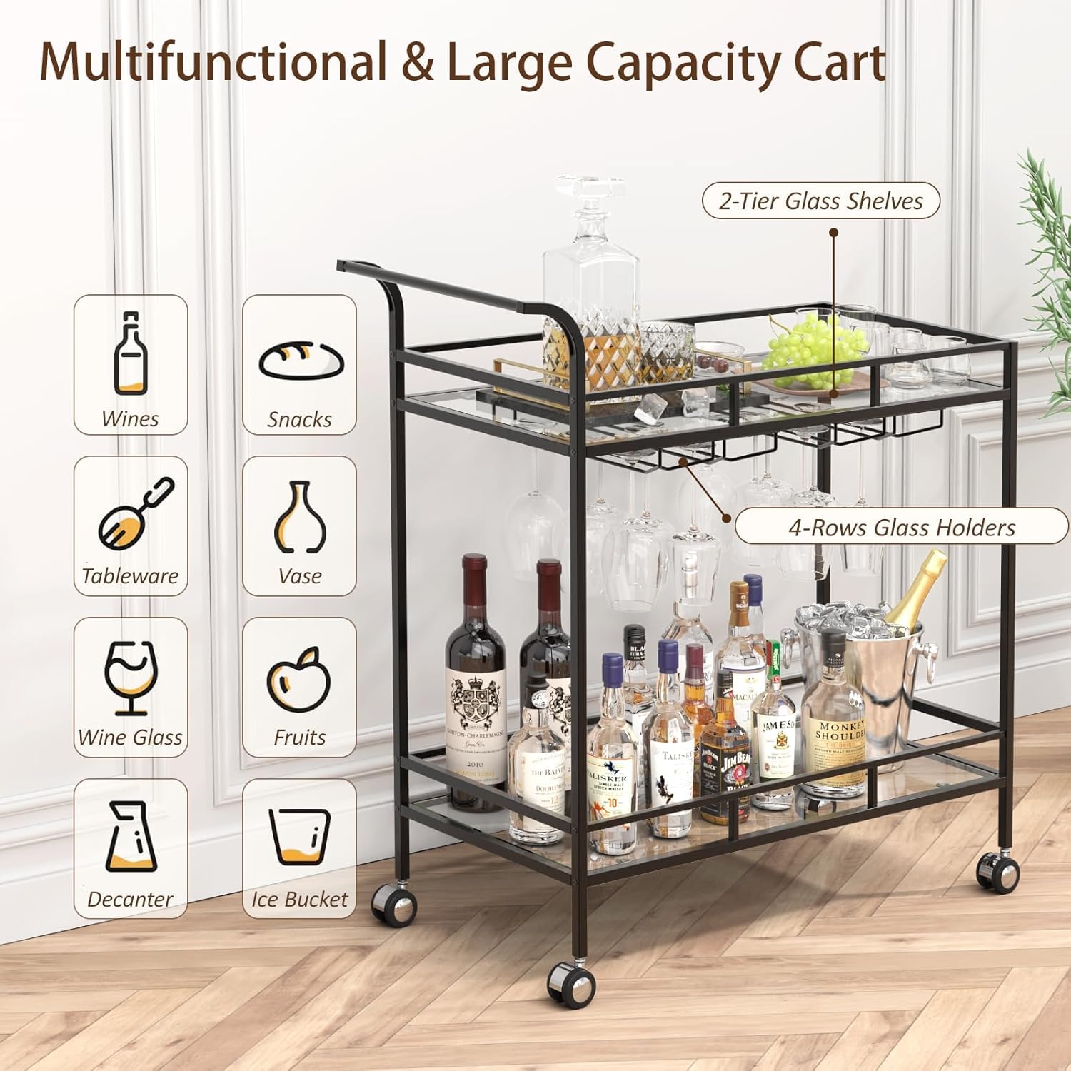 Large 2-Tier Bar Cart with Wine Rack and Glass Holder