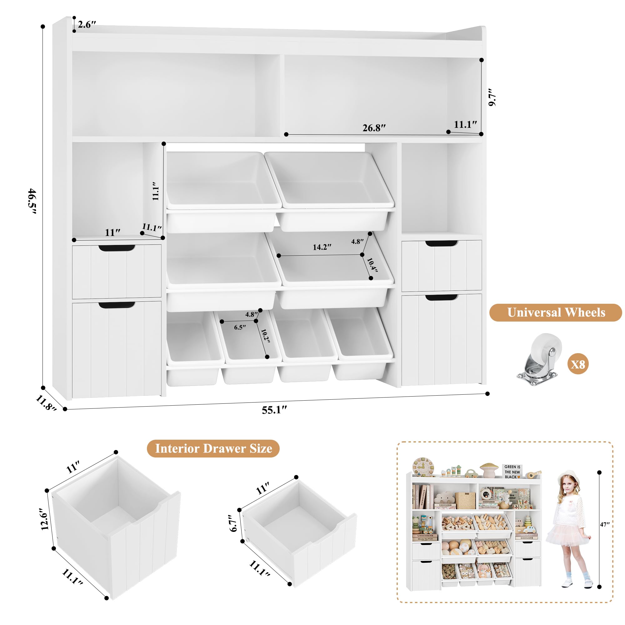 Toy Storage Organizer with Drawers and Removable Bins