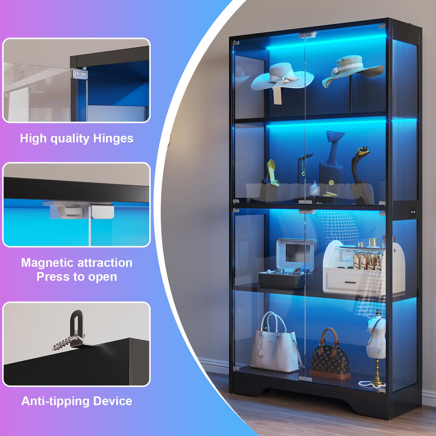 63" Glass Display Cabinet with Human Sensor RGB LED & 4-Tier Wood Shelves