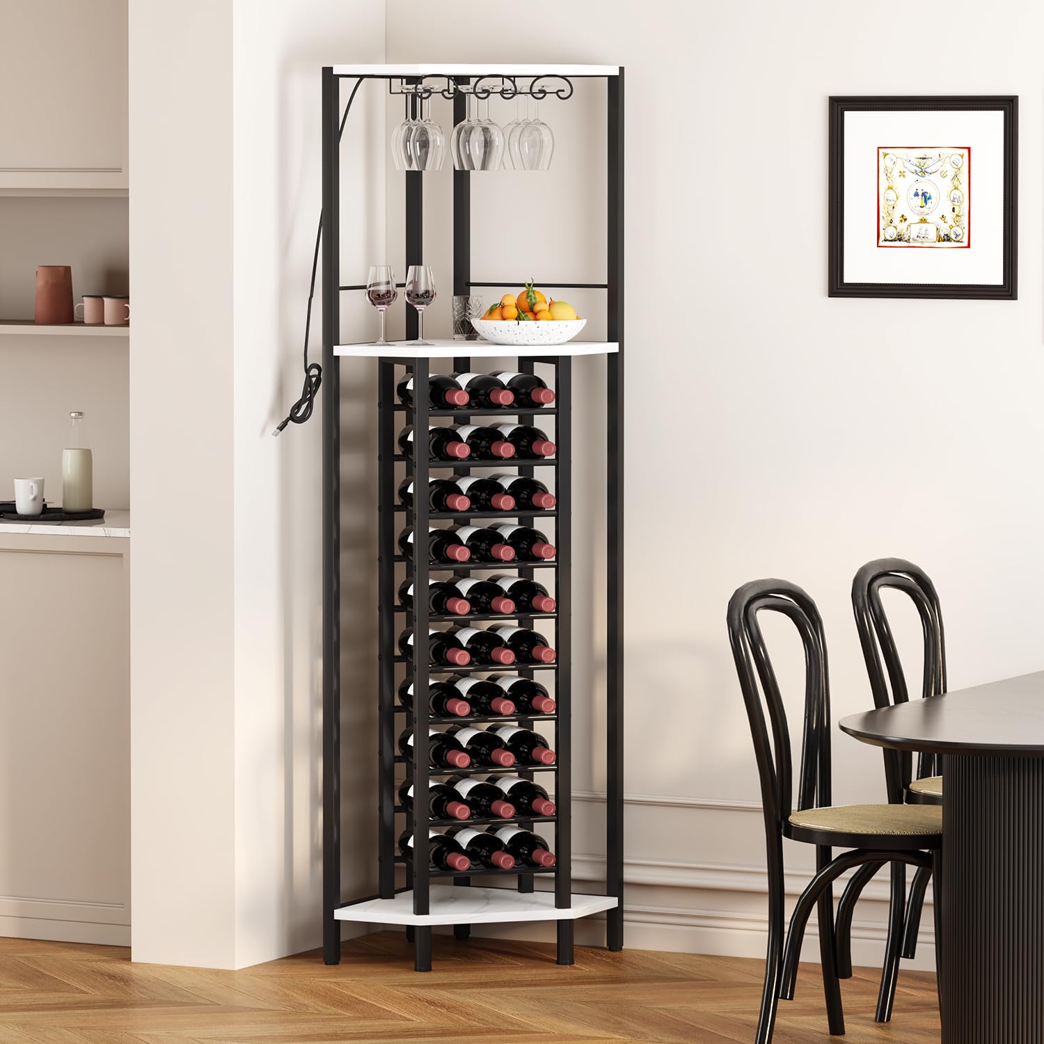 Corner Wine Rack with Glass Holder and LED Light