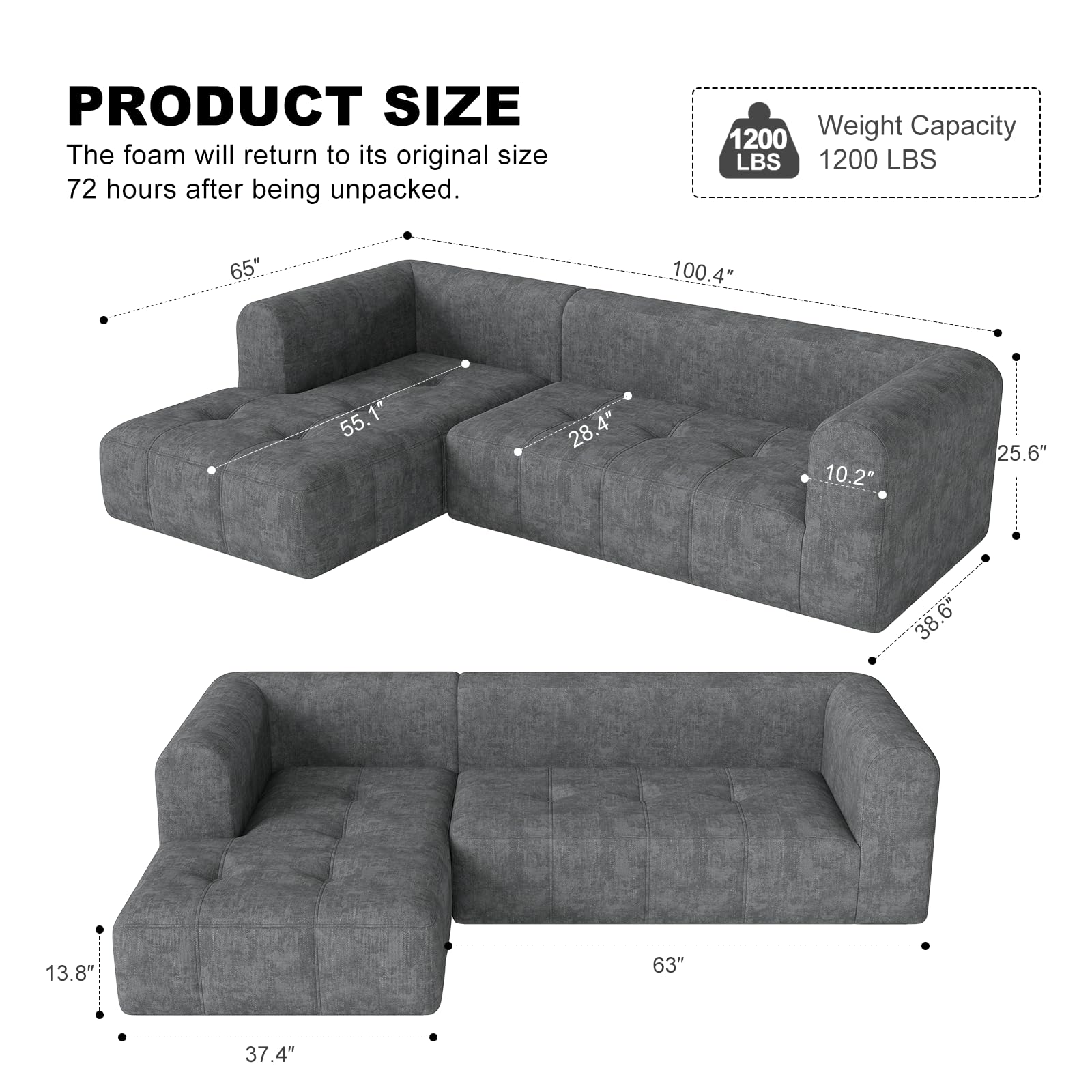 105" Modular Sectional Couch with Deep Seat
