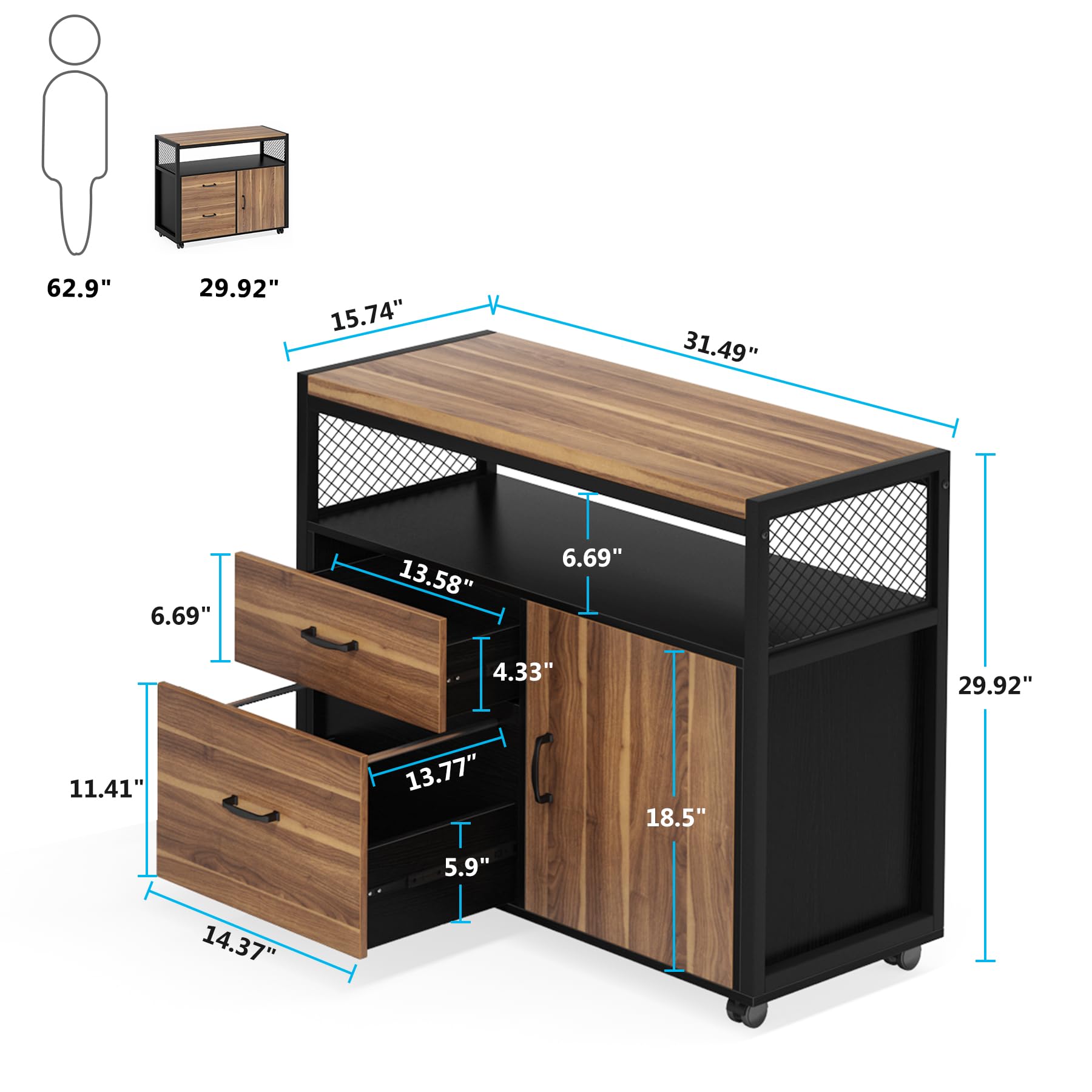 Tribesigns Modern File Cabinet with Drawers for Letter-Size, Lockable lateral Filing Cabinet Printer Stand with Door& Caster for Home Office.Desk Not Included