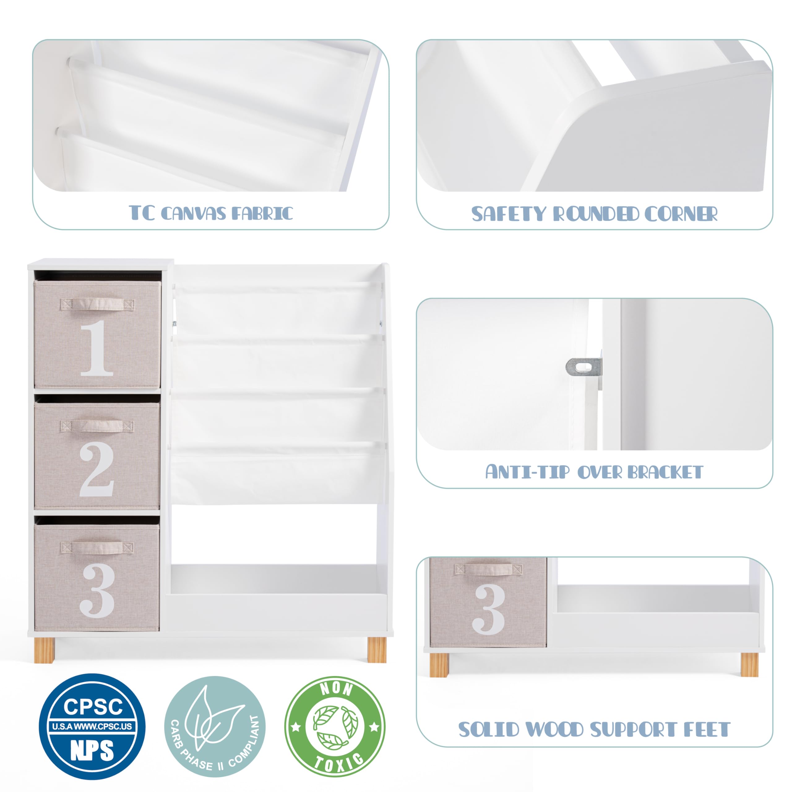 Kids Bookshelf with Storage Bins - 3-Tier Montessori Book Display