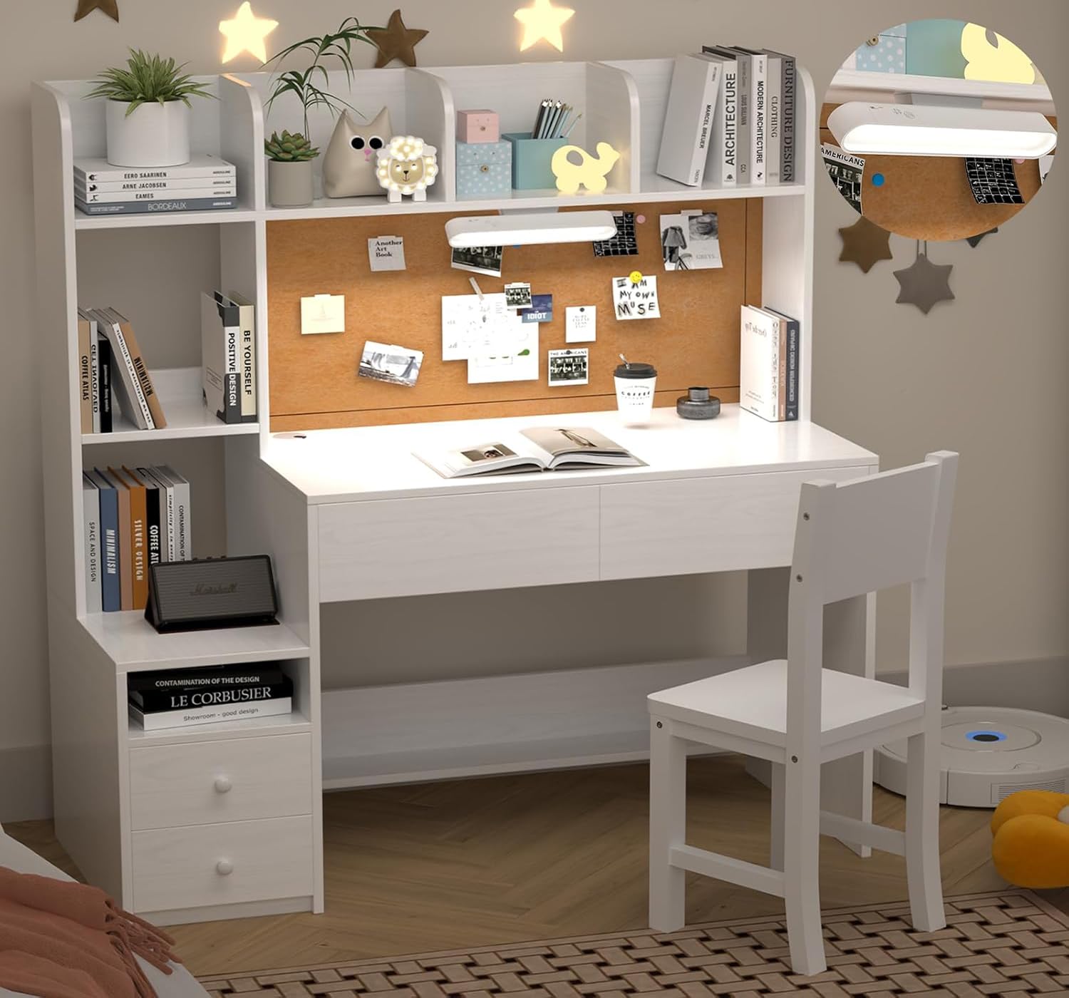 Kids Study Desk and Chair Set with Storage Hutch and LED Light