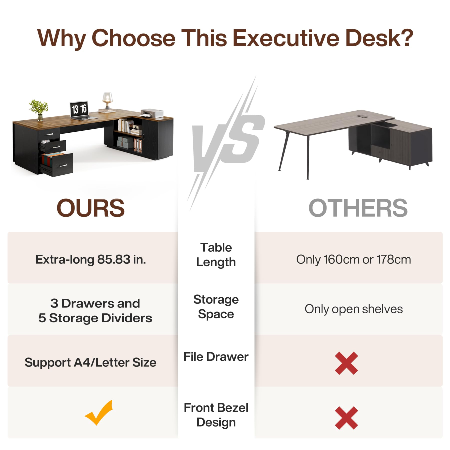 85.8-Inch L-Shaped Executive Desk with File Drawers and Storage Cabinet