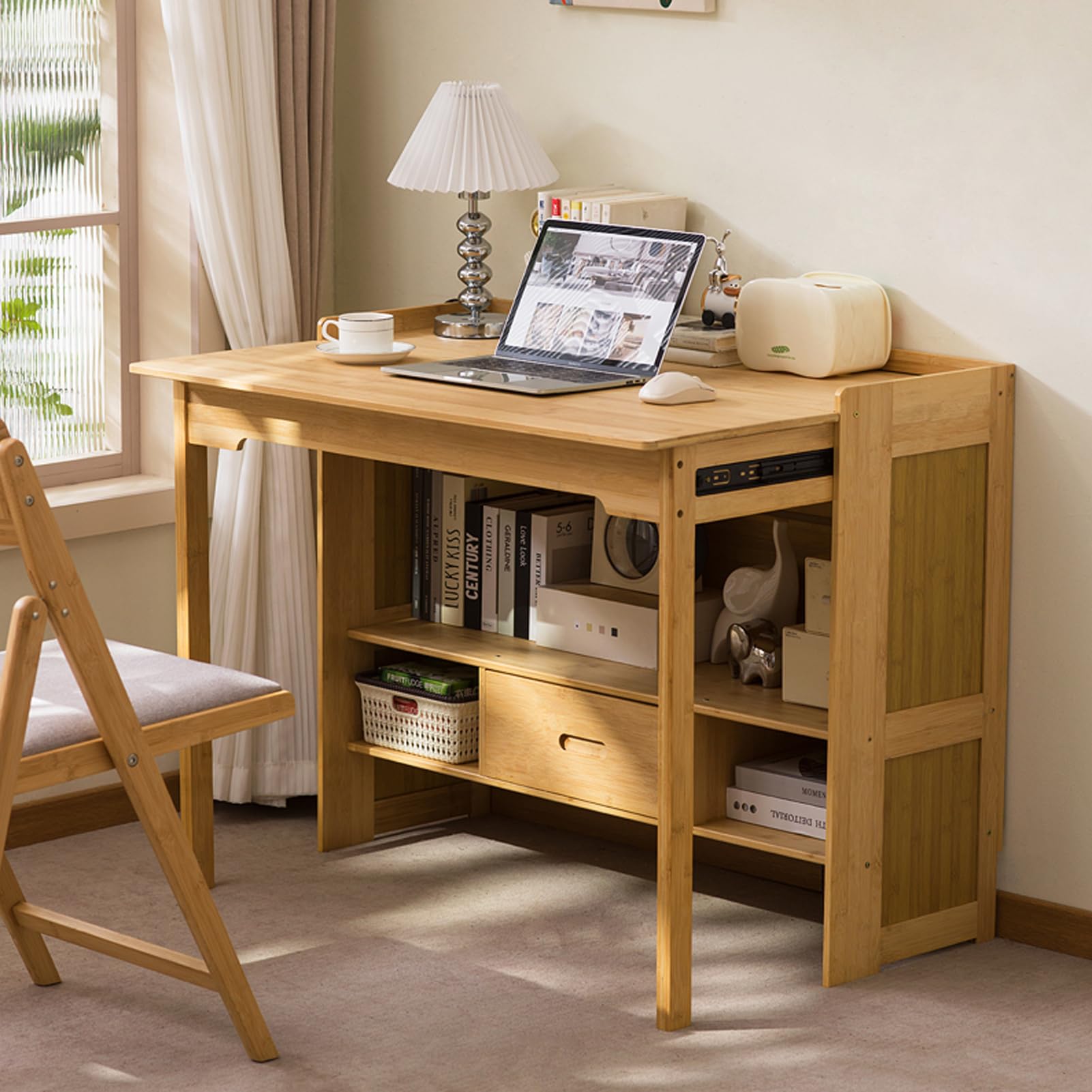 Bamboo Folding Desk with Bookshelf and Drawer